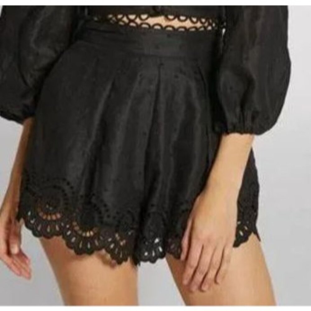 Zimmermann Black High-Waist Eyelet Scalloped Hem Shorts